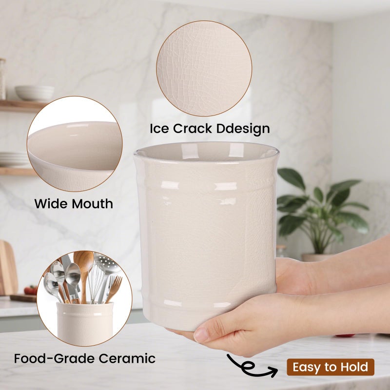 SZUAH Kitchen Utensil Holder, Larger Ceramic Utensil Crock for Kitchen Counter top & Dining Table (Cream, 5.9" x 5.9" x 6.7") - Image 5